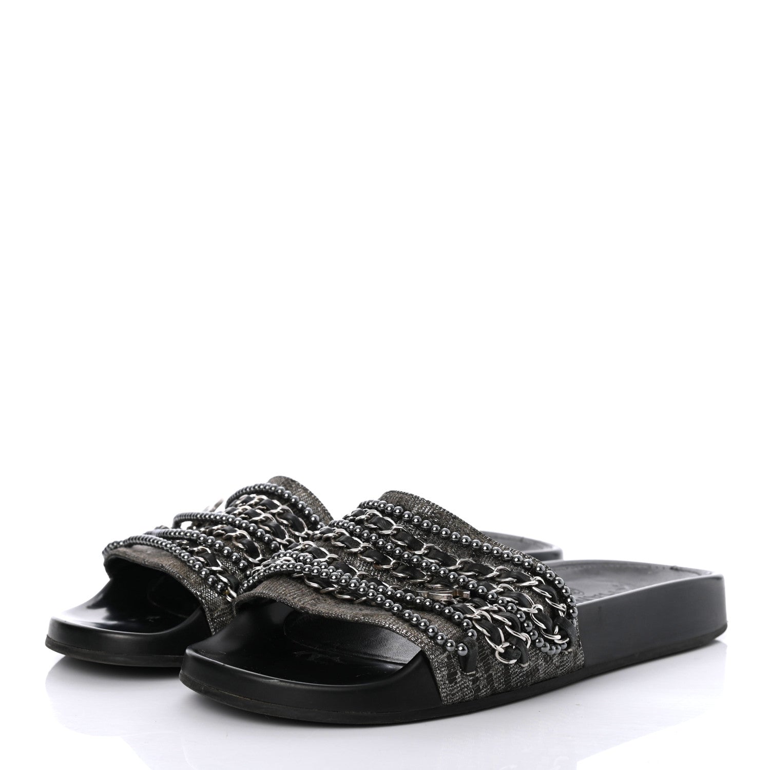 Chanel Fantasy Lambskin Pearl Chain CC Flat Mules 37 Silver Black 3 of 9