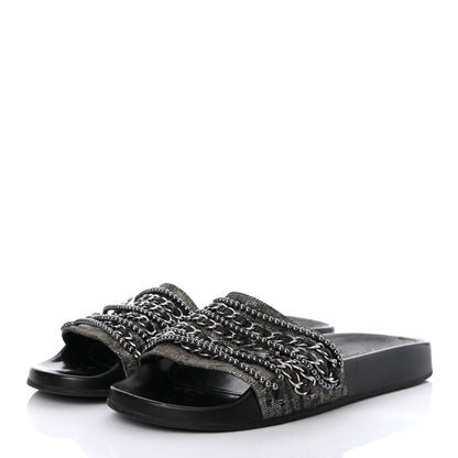 Chanel Fantasy Lambskin Pearl Chain CC Flat Mules 37 Silver Black 3 of 9