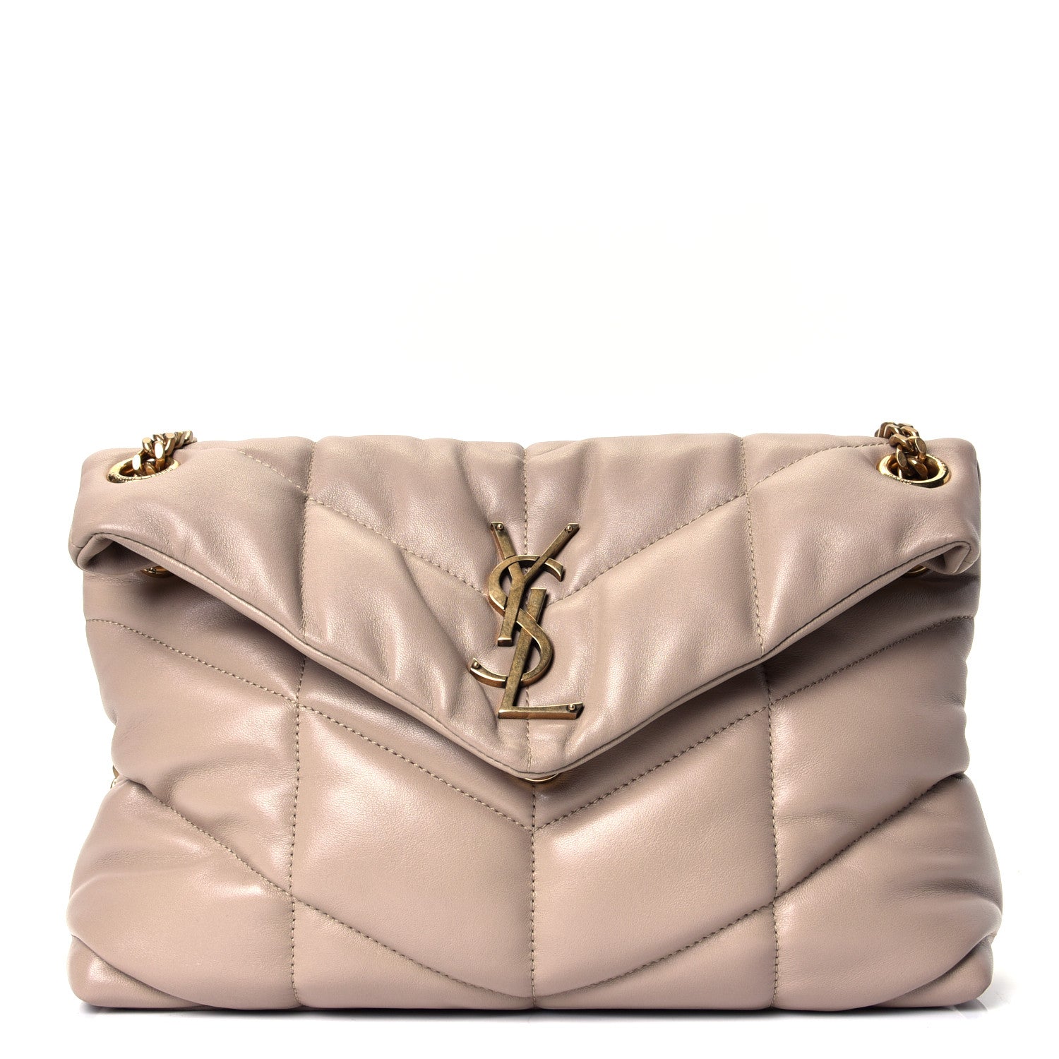 Saint Laurent Lambskin Quilted Small Loulou Puffer Monogram Chain Satchel Dark Beige 1 of 4
