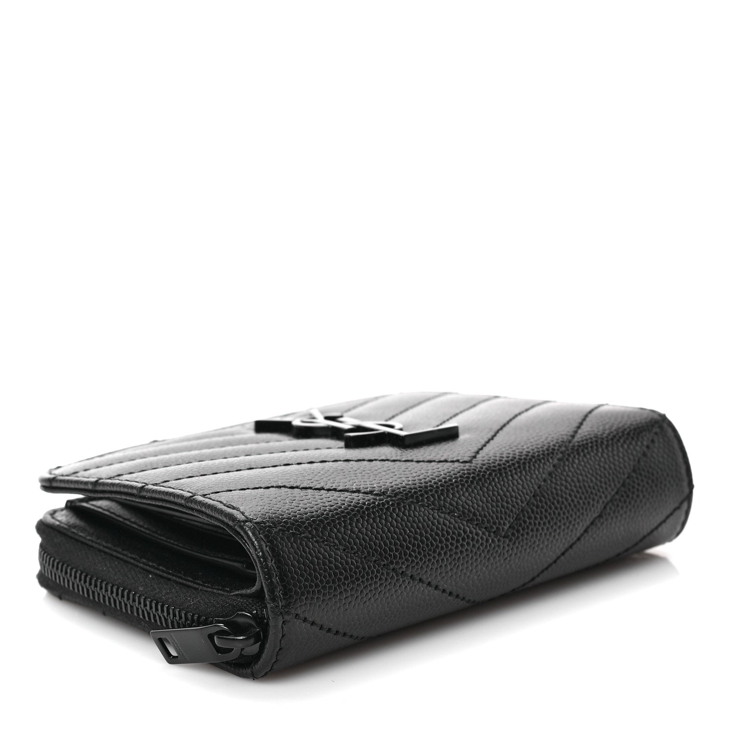 Saint Laurent Grain De Poudre Matelasse Chevron Monogram Monochrome Compact Zip Around Wallet Black 4 of 6