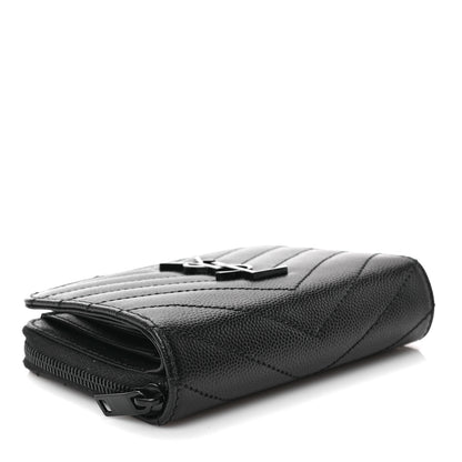 Saint Laurent Grain De Poudre Matelasse Chevron Monogram Monochrome Compact Zip Around Wallet Black 4 of 6