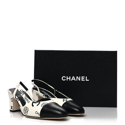 Chanel Printed Lambskin Cap Toe CC Slingback Pumps 37 Black White 9 of 9
