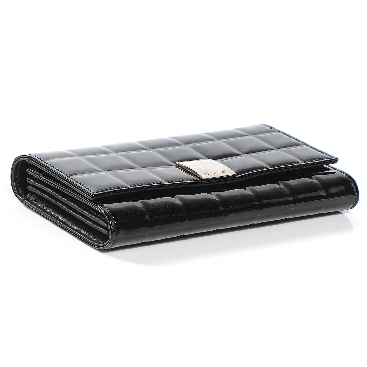 Patent Chocolate Bar Quilted Long Wallet Black