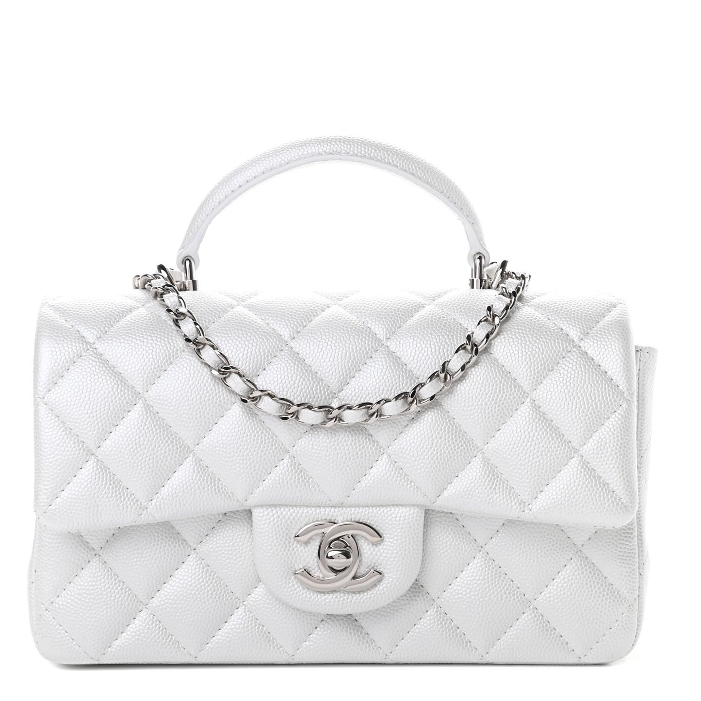 Iridescent Caviar Quilted Mini Top Handle Rectangular Flap White