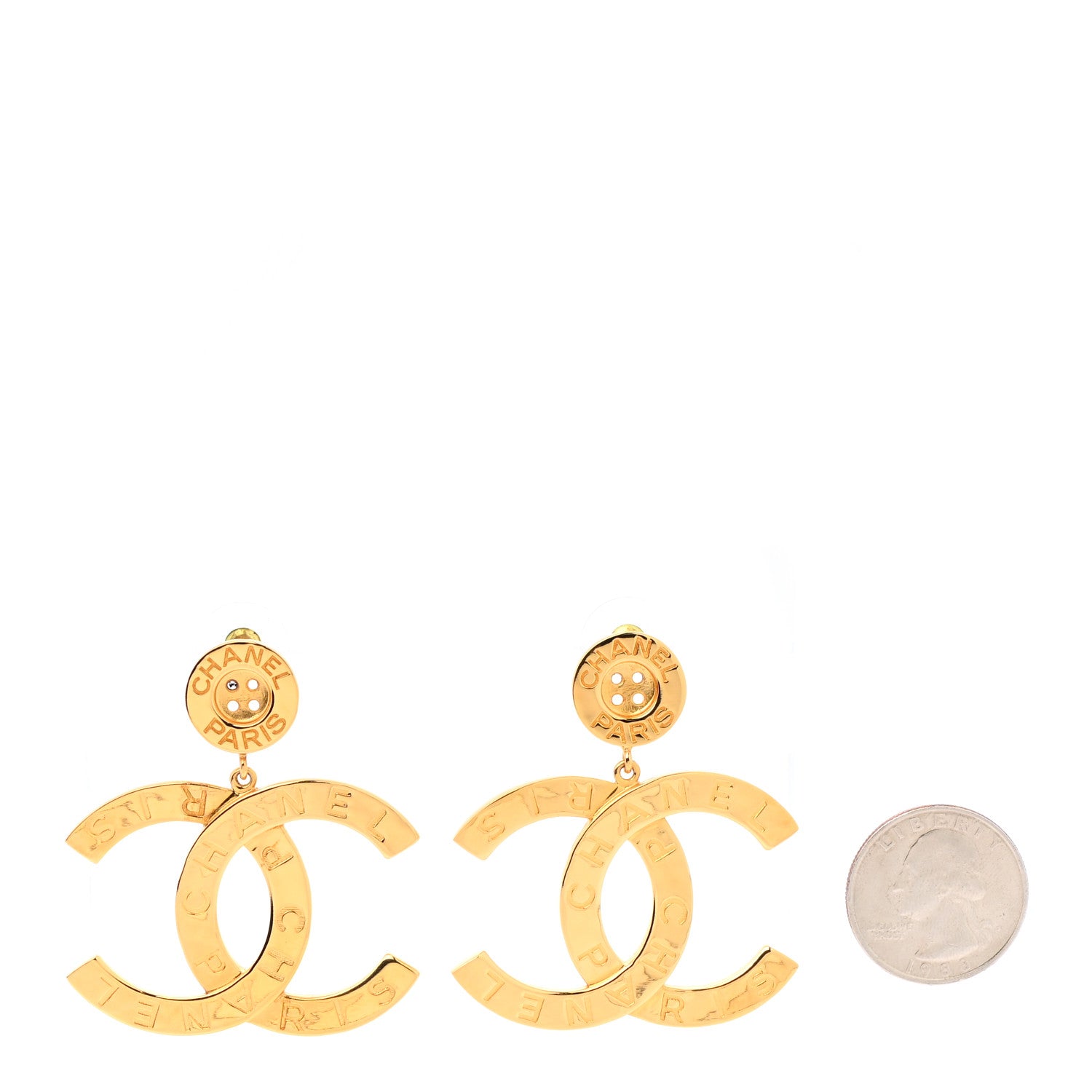 Chanel Metal Large Paris Button Earrings Gold 2 of 4