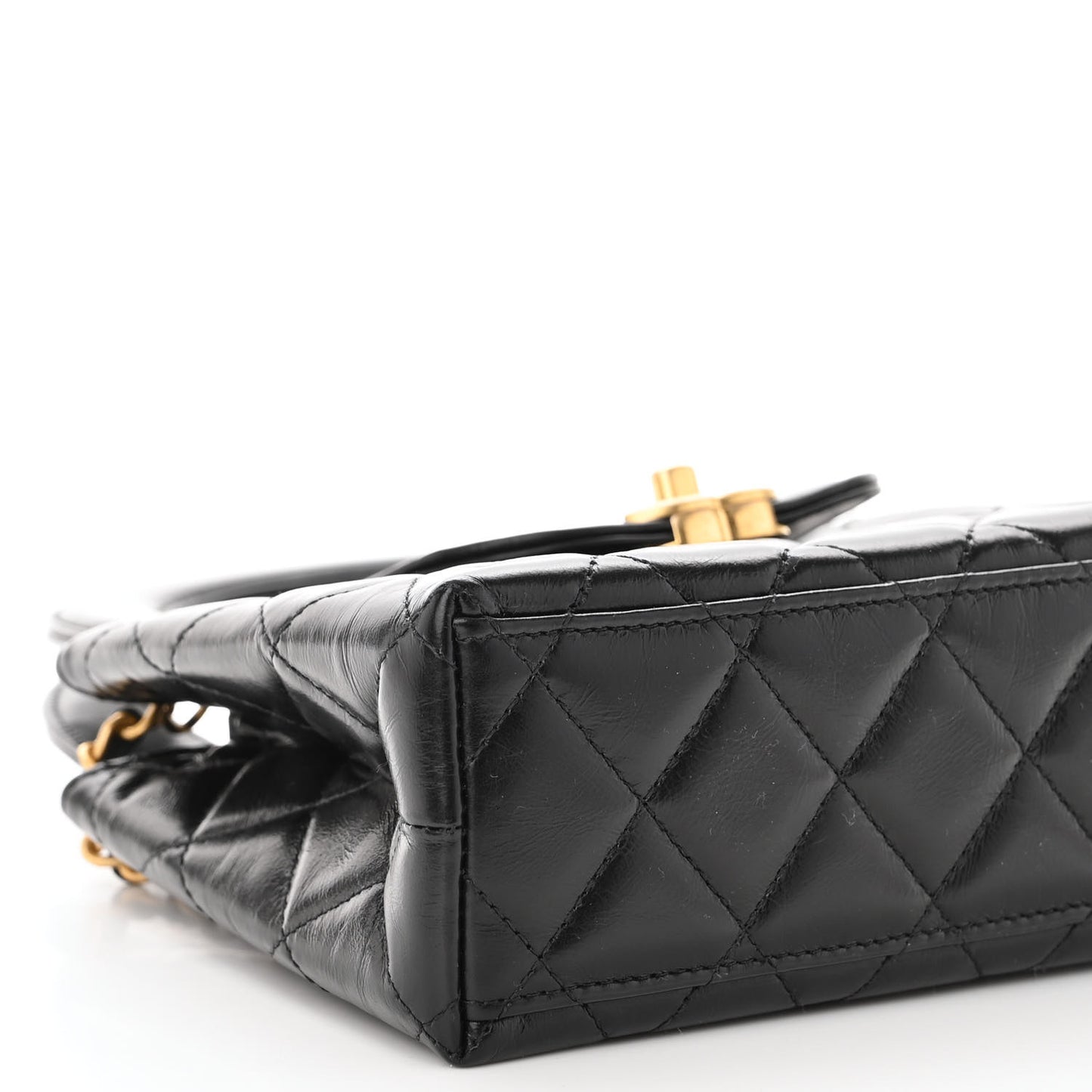 Shiny Aged Calfskin Quilted Nano Kelly Shopper Black