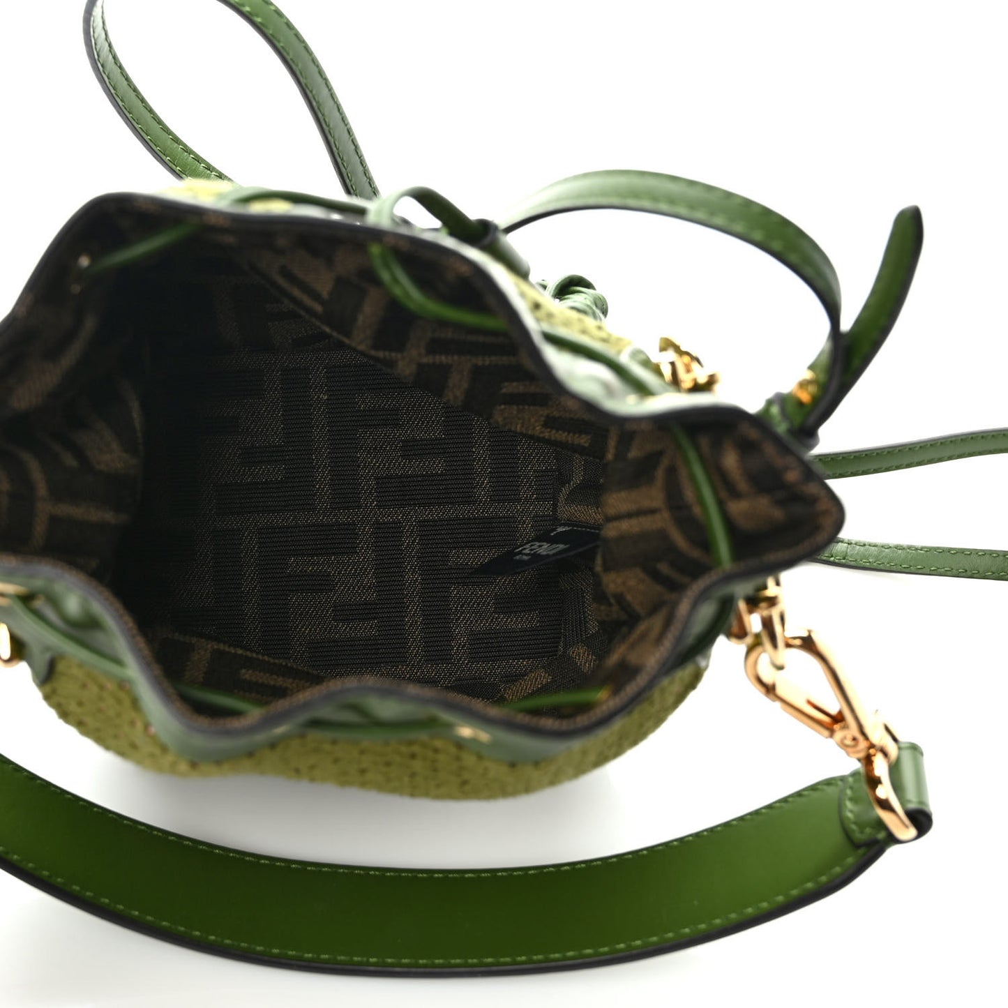 Crochet Vitello King F is Fendi Logo Woven Mini Mon Tresor Bucket Bag Verde Militare Rosa