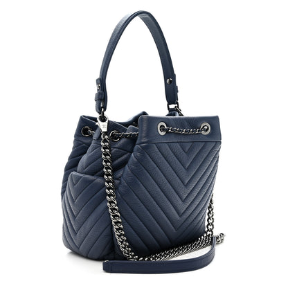 Chanel Deerskin Chevron Small CC Chain Bucket Bag Navy Blue 3 of 10