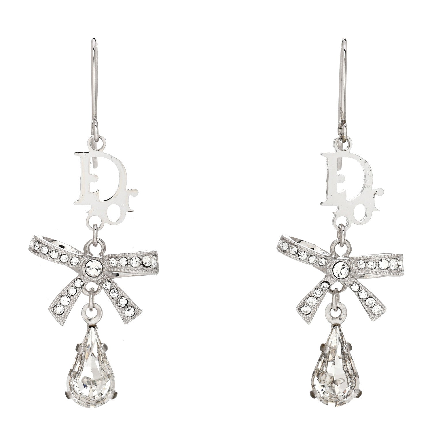 Christian Dior Crystal Bow Hoop Earrings Silver 1 of 4