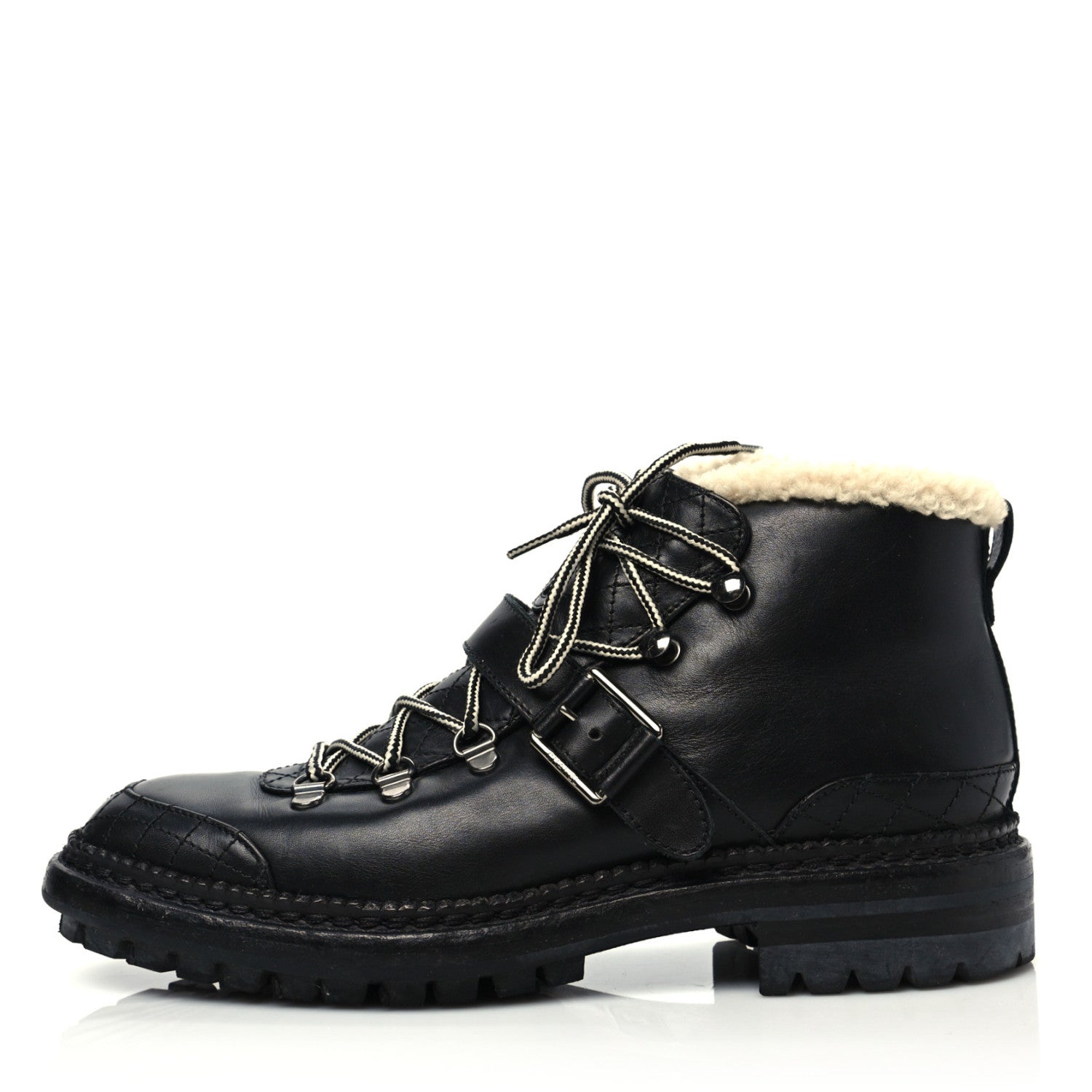 Chanel Shearling Calfskin Lace Up Short Boots 39.5 Black 1 of 6