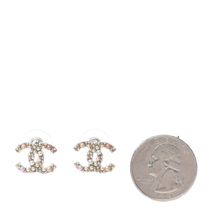 Chanel Pearl Crystal CC Charms Stud Earrings Light Gold Pink 2 of 5