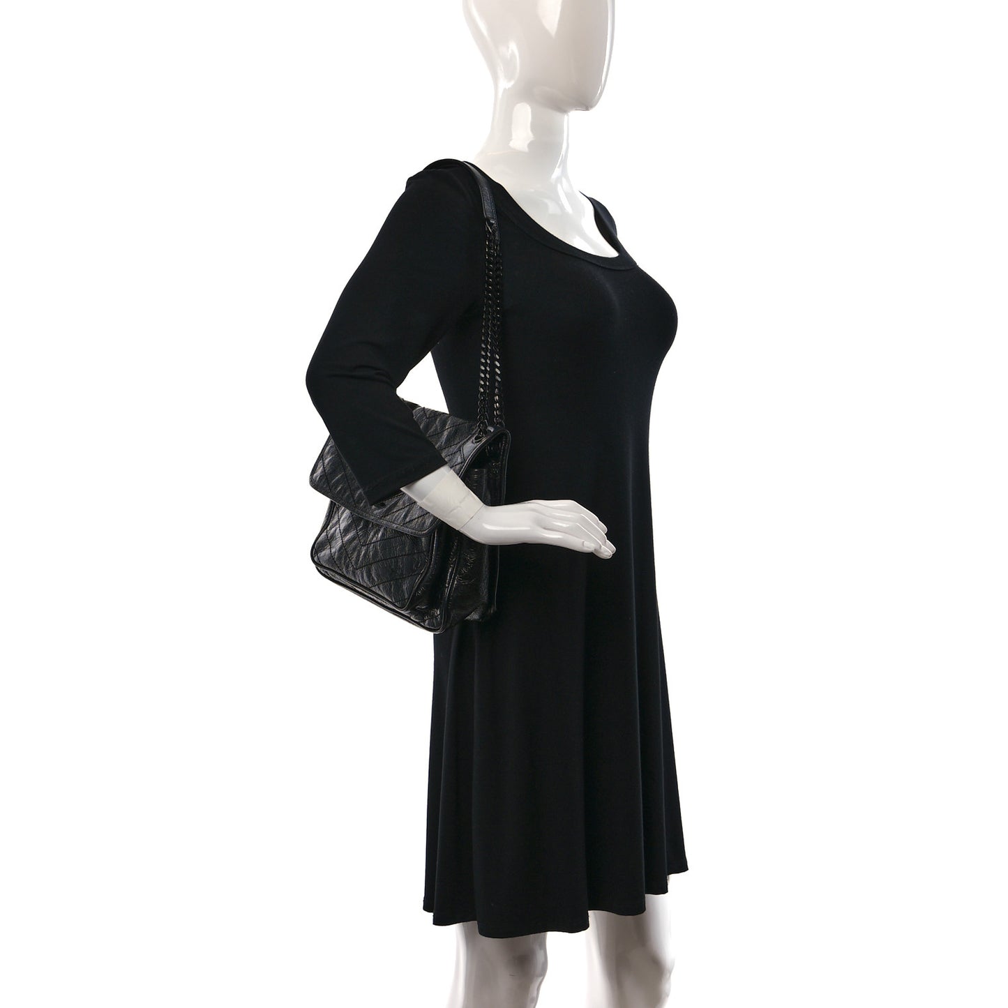 Crinkled Calfskin Matelasse Monogram Medium Niki Chain Satchel Black