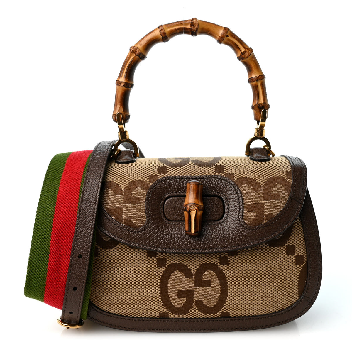 Monogram Jumbo GG Textured Dollar Calfskin Web Small Bamboo 1947 Top Handle Bag Camel Ebony New Acero