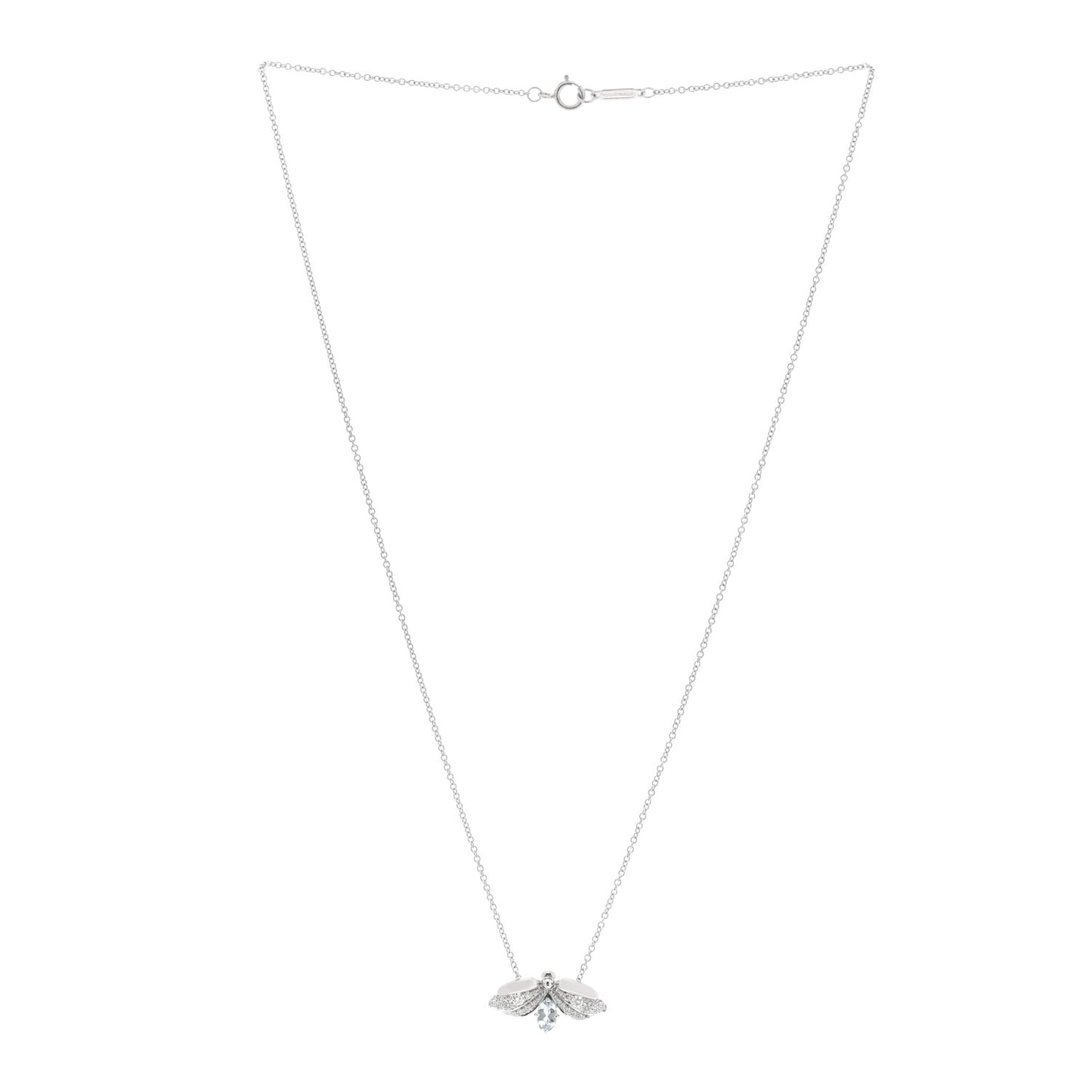 Platinum Diamond Aquamarine Paper Flowers Firefly Pendant Necklace