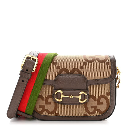 Gucci Monogram Jumbo GG Textured Dollar Calfskin Web Mini Horsebit 1955 Shoulder Bag Camel Ebony New Acero 1 of 10