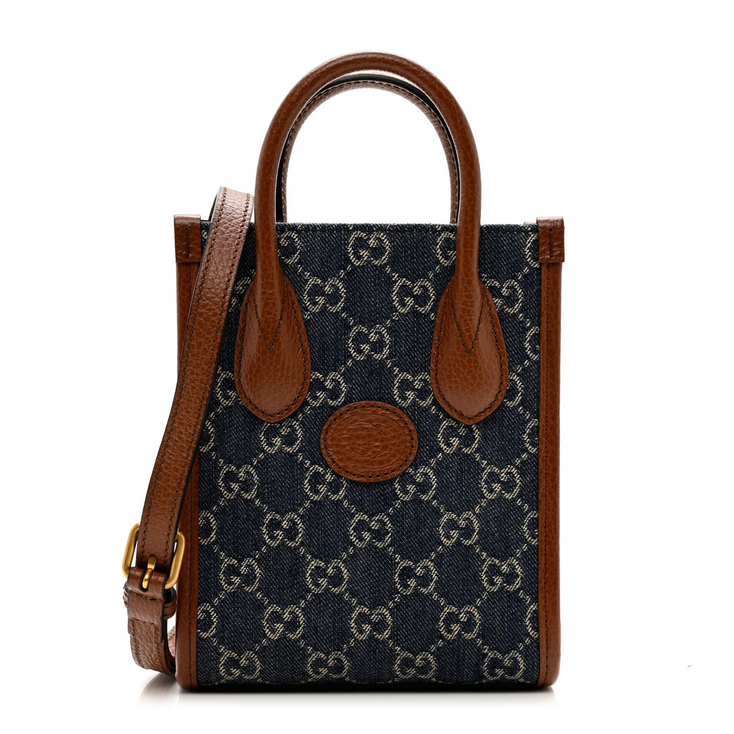 New Denim GG Monogram Dollar Calfskin Mini Retro Interlocking G Tote Bag Blue Tea Cuir Epilog