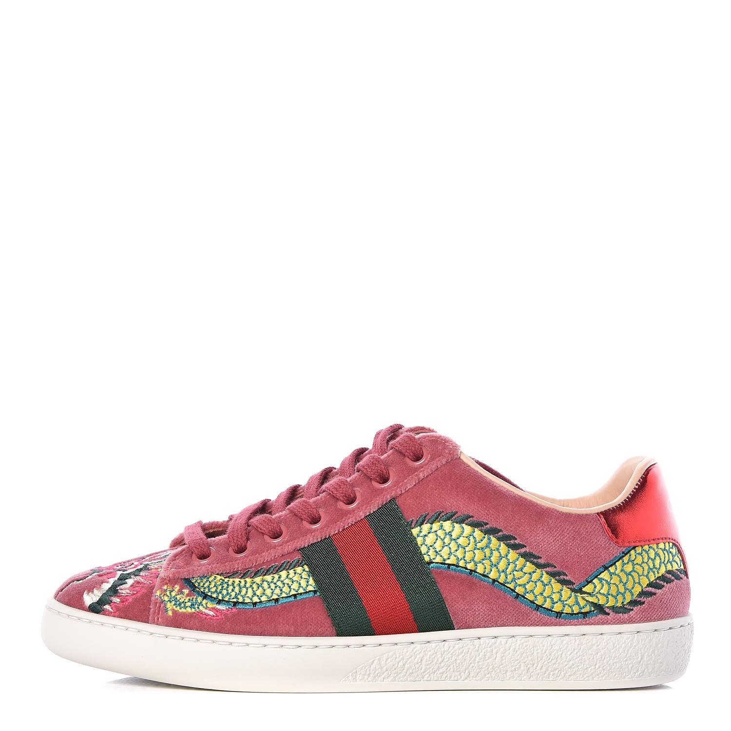 Gucci Velvet Nappa Web Dragon Embroidered Womens Ace Sneakers 35 Tibet Red 1 of 9