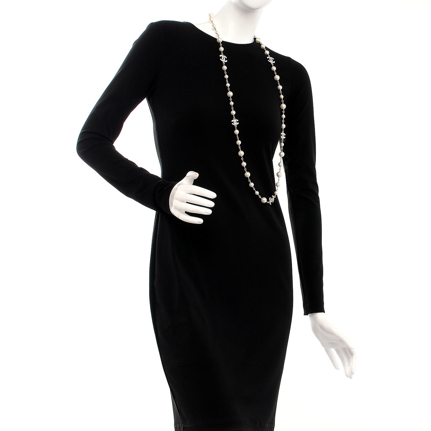 Crystal Pearl CC Long Necklace Silver