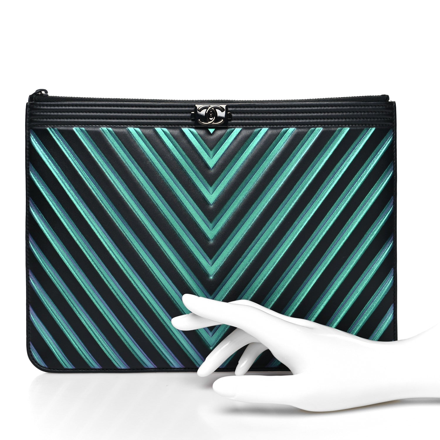 Chanel Calfskin Painted Chevron Embossed Medium Boy Zip Pouch Black 2 of 8