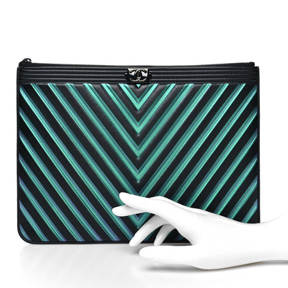 Chanel Calfskin Painted Chevron Embossed Medium Boy Zip Pouch Black 2 of 8
