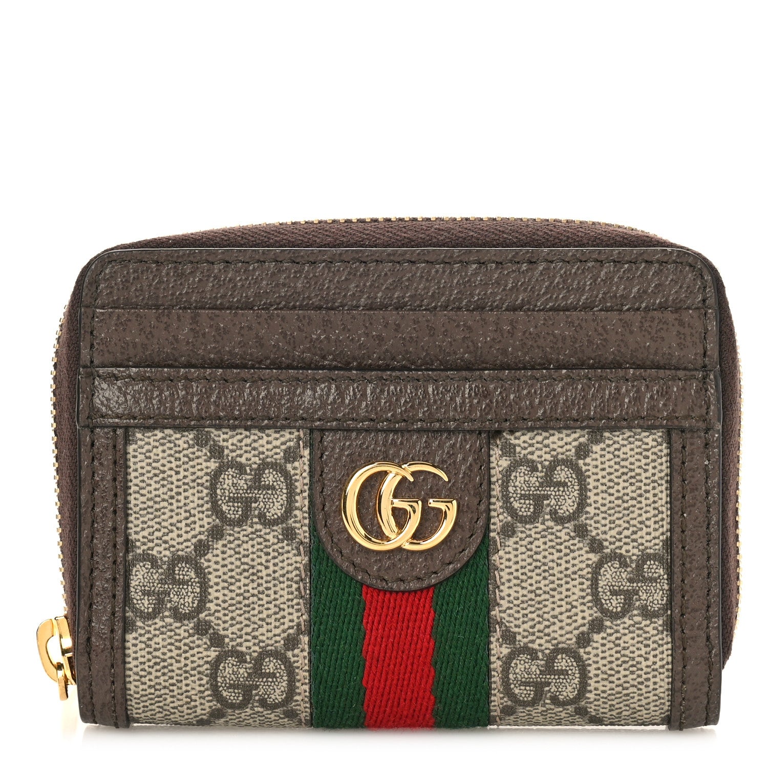 Gucci GG Supreme Monogram Textured Dollar Calfskin Web Ophidia Zip Around Card Case Wallet Beige Ebony New Acero 1 of 9