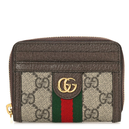 Gucci GG Supreme Monogram Textured Dollar Calfskin Web Ophidia Zip Around Card Case Wallet Beige Ebony New Acero 1 of 9