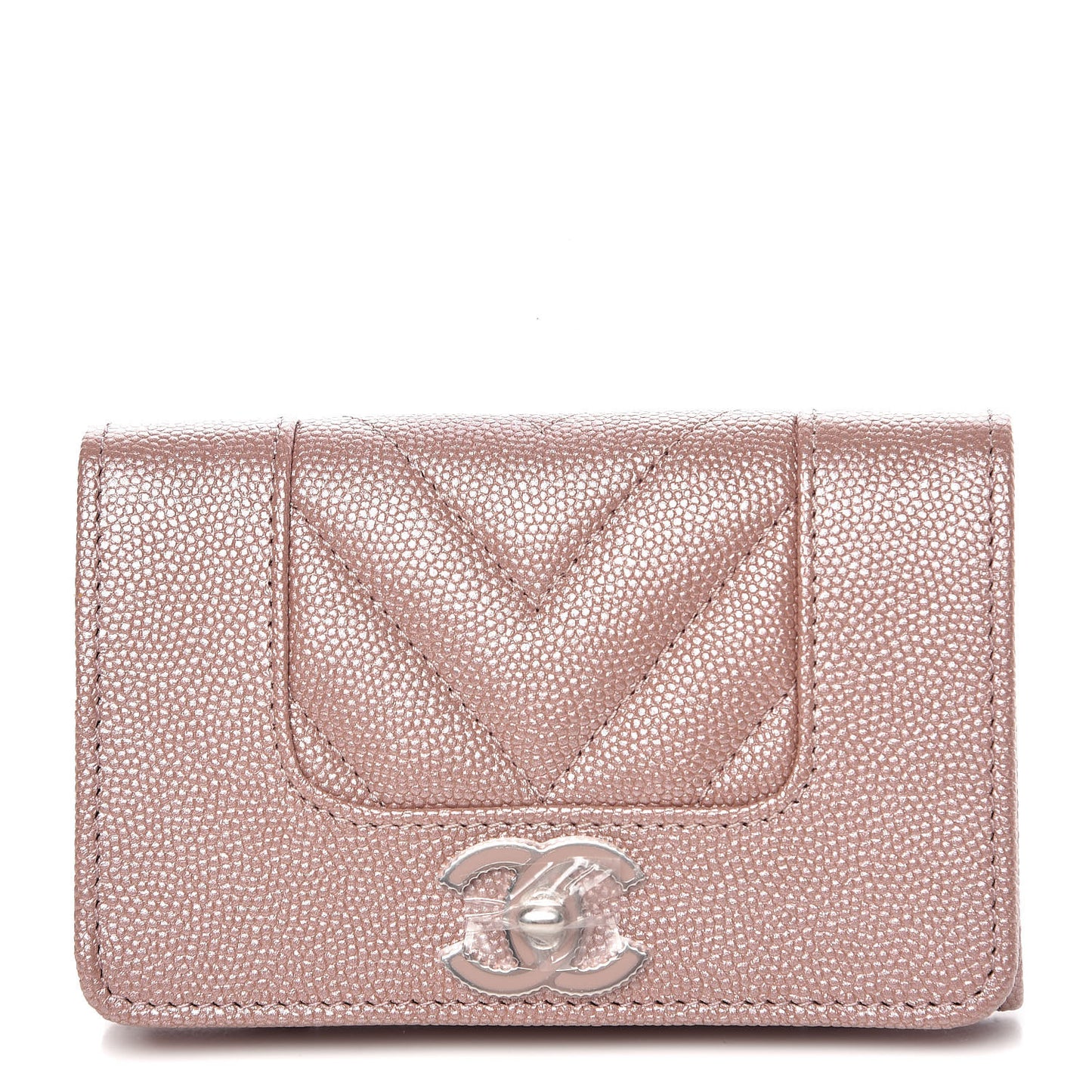 Metallic Caviar Chevron Quilted Vintage Mademoiselle Card Holder Pink