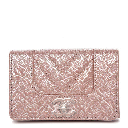Chanel Metallic Caviar Chevron Quilted Vintage Mademoiselle Card Holder Pink 1 of 9