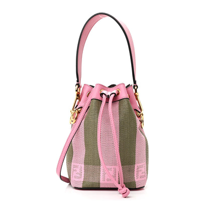 Fendi Raffia Vitello Seta F is Fendi Pequin Gingham Woven Mini Mon Tresor Bucket Bag Military Rosa Lollypop 1 of 11