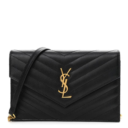 Saint Laurent Grain De Poudre Matelasse Chevron Monogram Envelope Chain Wallet Black 1 of 11