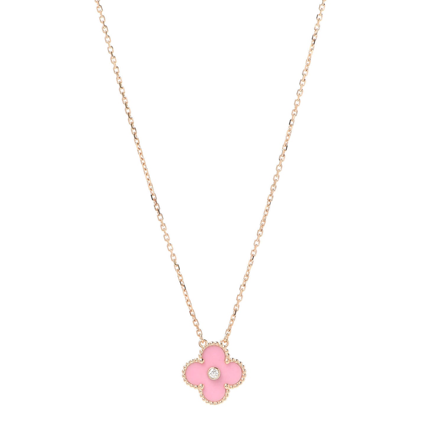 18K Rose Gold Diamond Pink Porcelain Vintage Alhambra Pendant Necklace