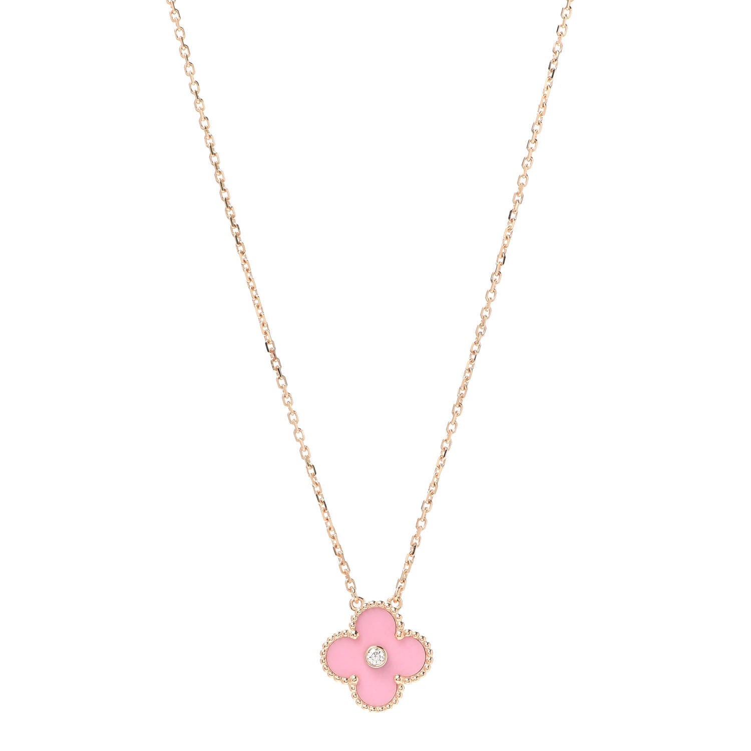 Van Cleef & Arpels 18K Rose Gold Diamond Pink Porcelain Vintage Alhambra Pendant Necklace 1 of 8
