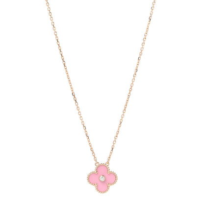 Van Cleef & Arpels 18K Rose Gold Diamond Pink Porcelain Vintage Alhambra Pendant Necklace 1 of 8