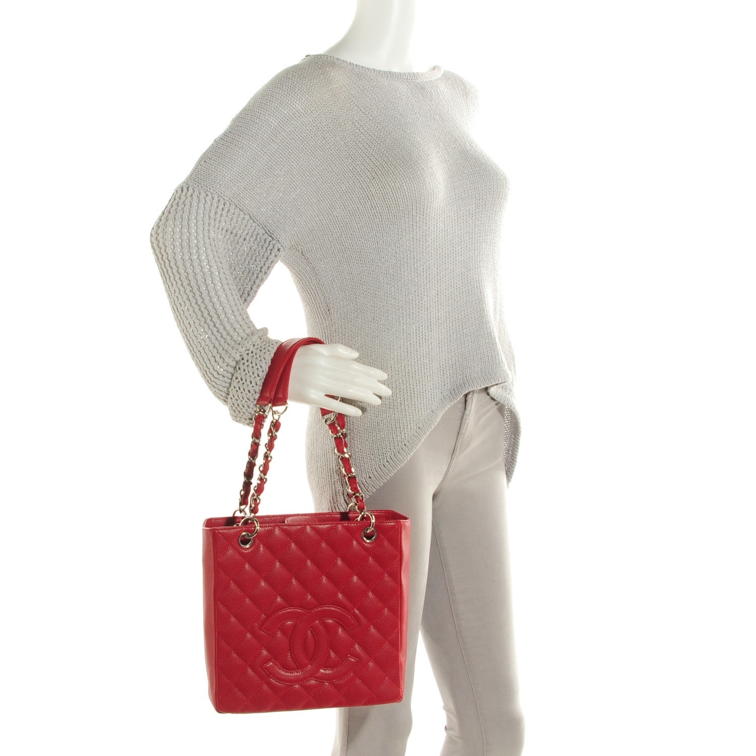 Chanel Caviar Quilted Petit Shopping Tote PST Red 2 of 7