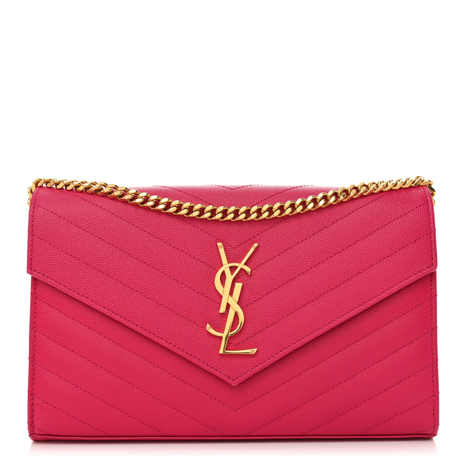 Saint Laurent Grain De Poudre Matelasse Chevron Monogram Chain Wallet Hot Pink 1 of 10