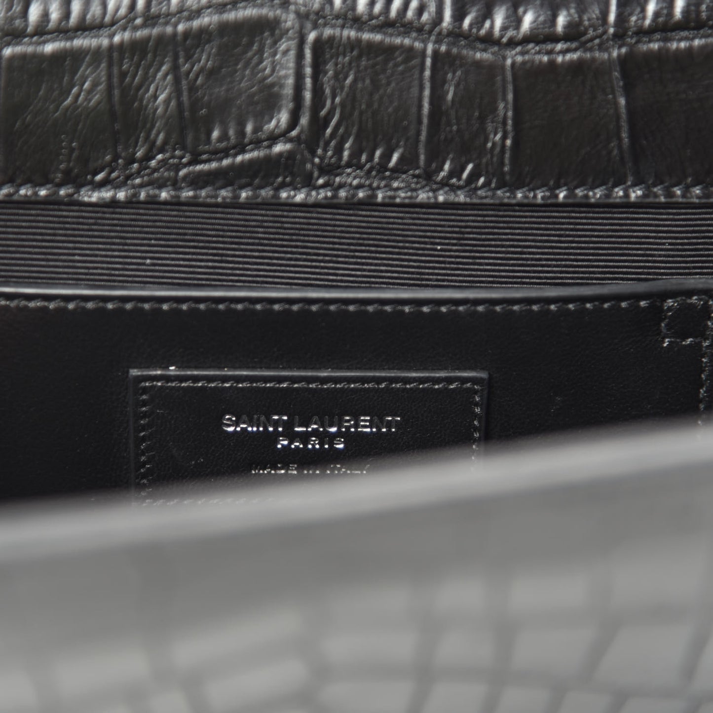 Calfskin Crocodile Embossed Medium Classic Monogram Kate Tassel Satchel Black