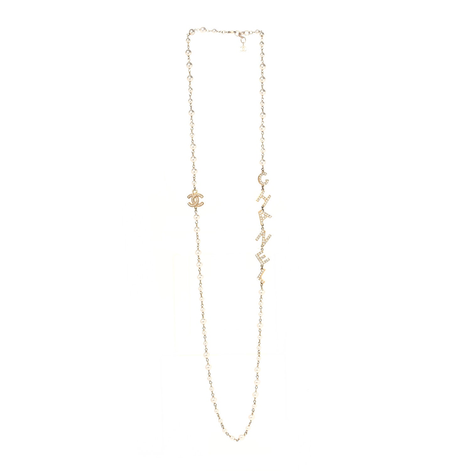 Chanel Metal Crystal Pearl 90's Icon Logo Necklace Gold 3 of 5