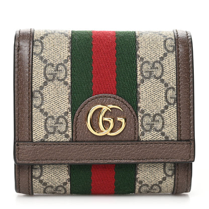 Gucci GG Supreme Monogram Textured Calfskin Web Ophidia Card Case Wallet Beige Ebony New Acero 1 of 6