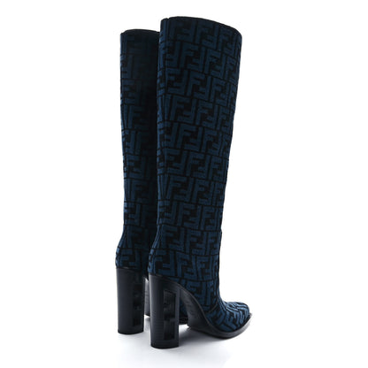 Fendi Chenille Jacquard FF 110mm Knee Boots 39.5 Black Blue 4 of 7