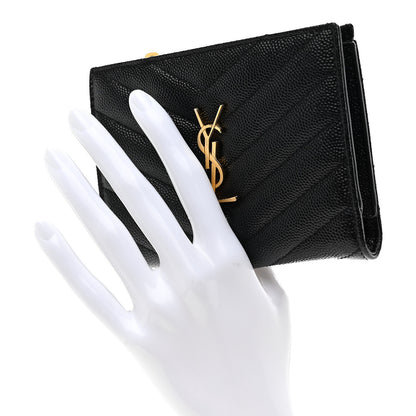 Saint Laurent Grain De Poudre Matelasse Chevron Monogram Zipped Card Case Black 2 of 7