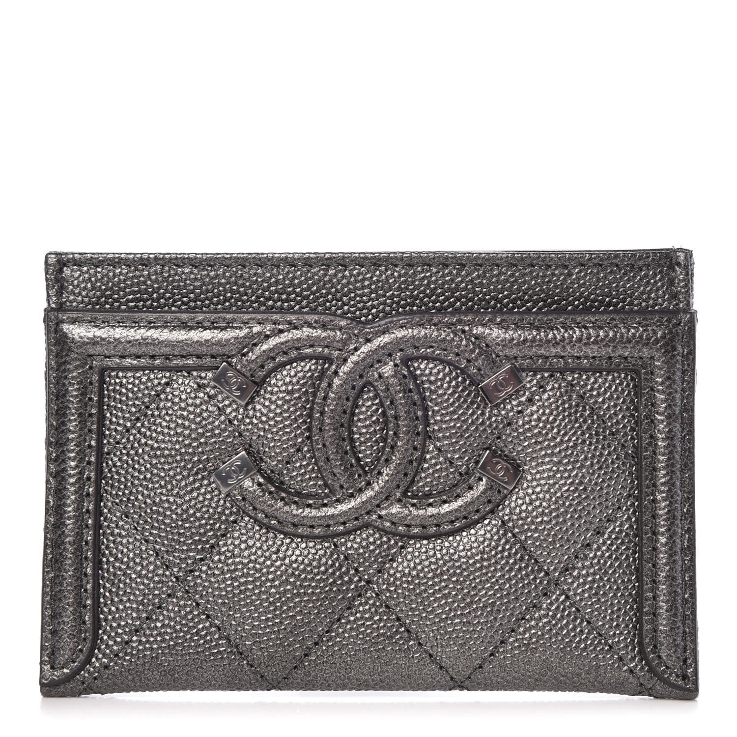 Chanel Metallic Caviar Quilted CC Card Holder Dark Silver 1 of 9