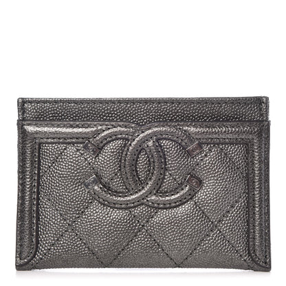 Chanel Metallic Caviar Quilted CC Card Holder Dark Silver 1 of 9