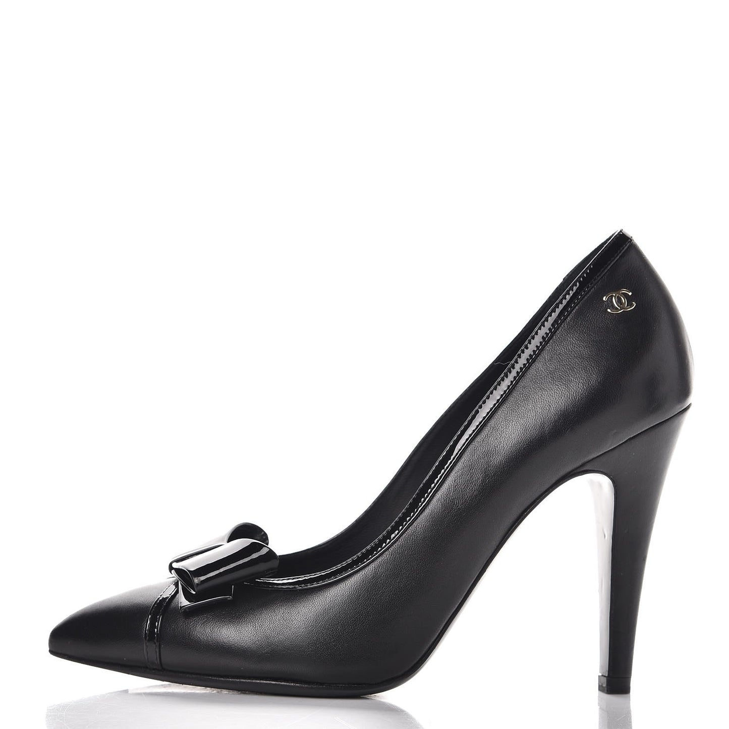 Lambskin Patent Bow Cap Toe Pumps 36.5 Black