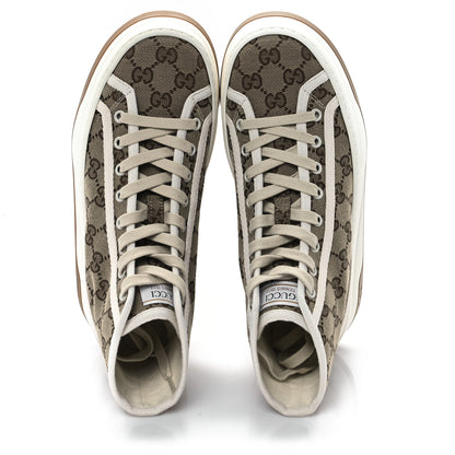 Gucci New Canvas GG Monogram Womens Tennis 1977 High Top 55mm Platform Sneakers 38.5 Beige Ebony Mystic White 2 of 9