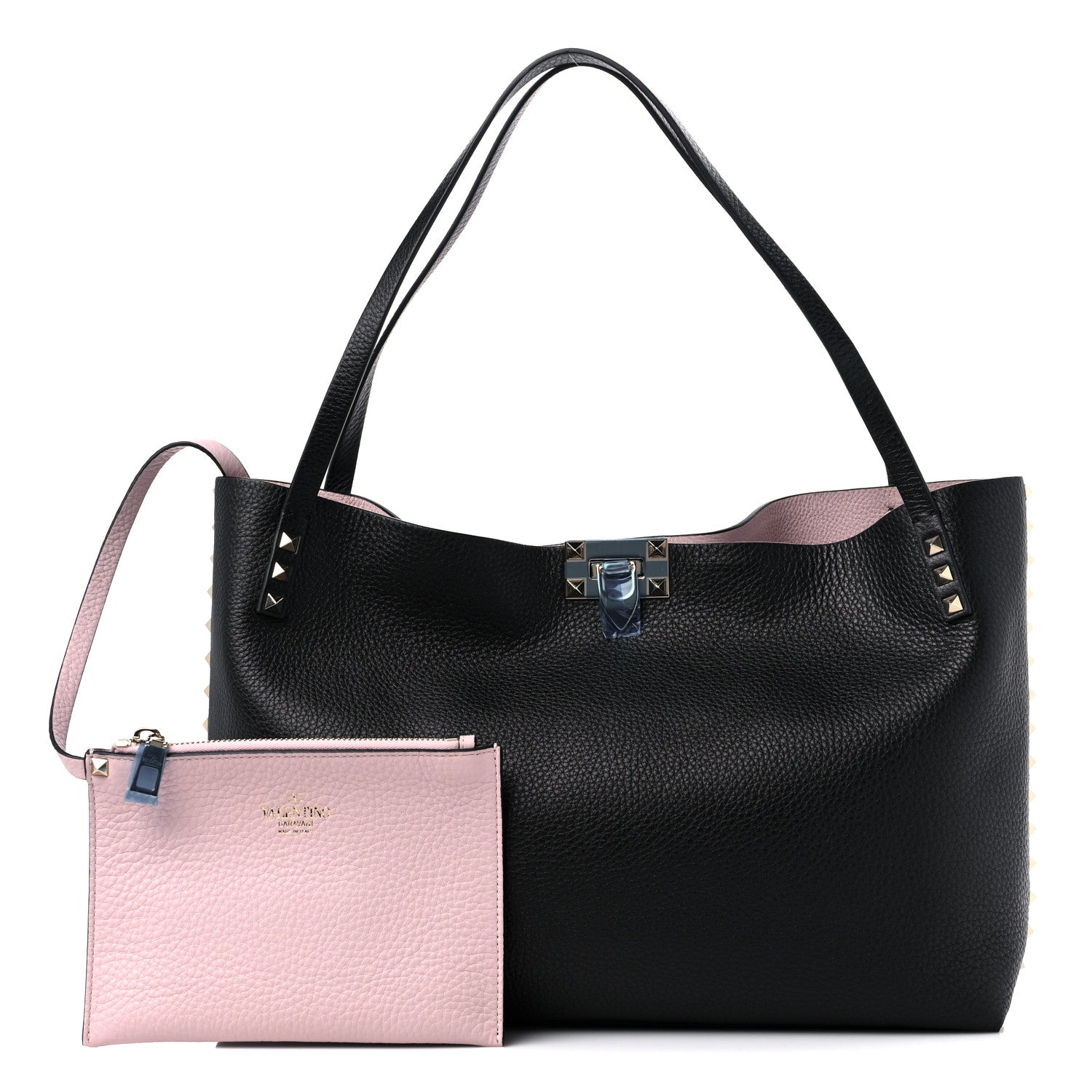 Valentino Garavani Grainy Calfskin Medium Rockstud Tote Black Rose Quartz 1 of 8