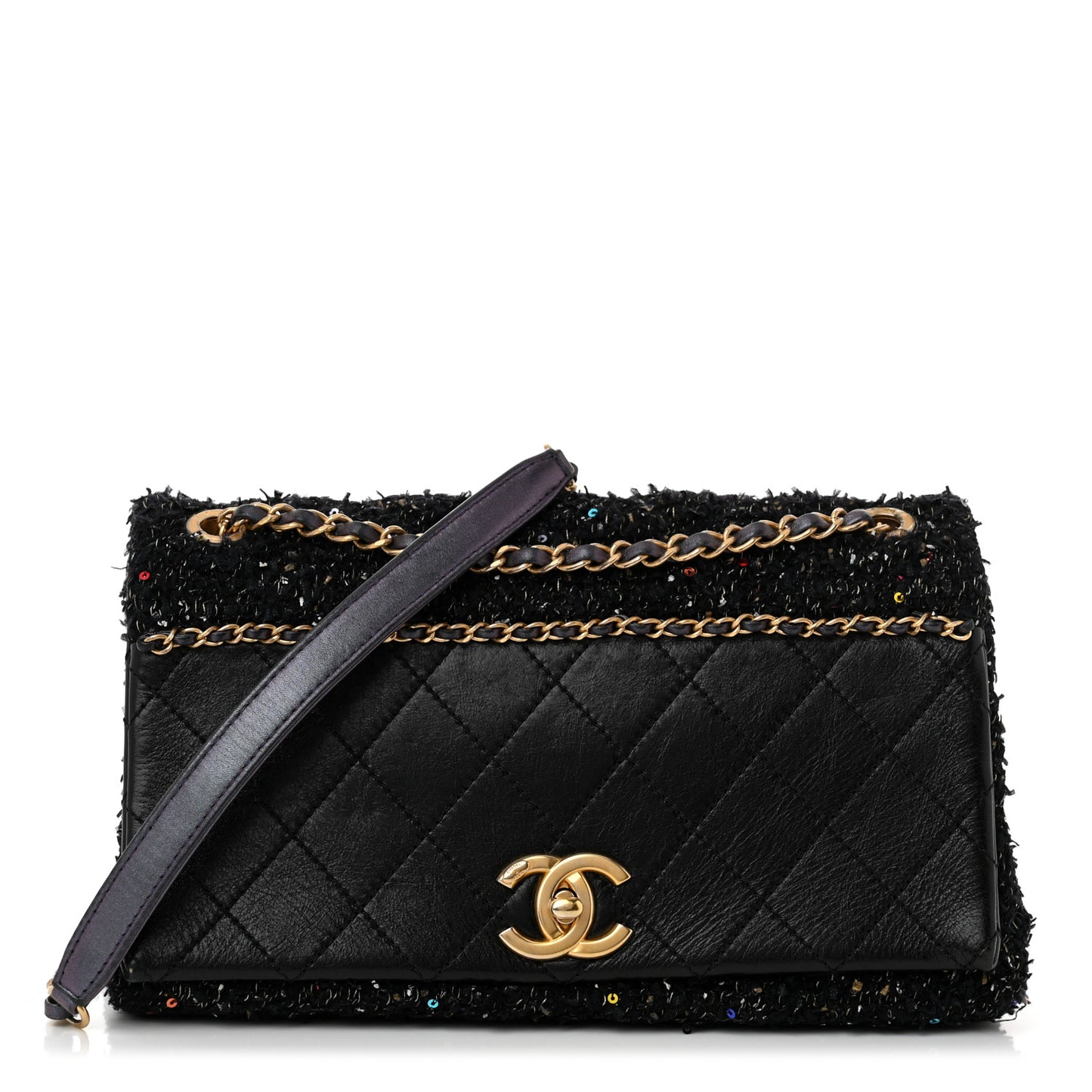Lambskin Quilted Tweed Sequin Medium Chain Flap Bag Black Multicolor