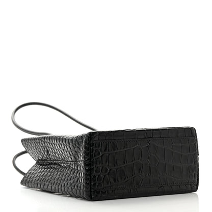 Balenciaga Shiny Calfskin Logo Crocodile Embossed North South Shopper Tote XXS Black White 4 of 15