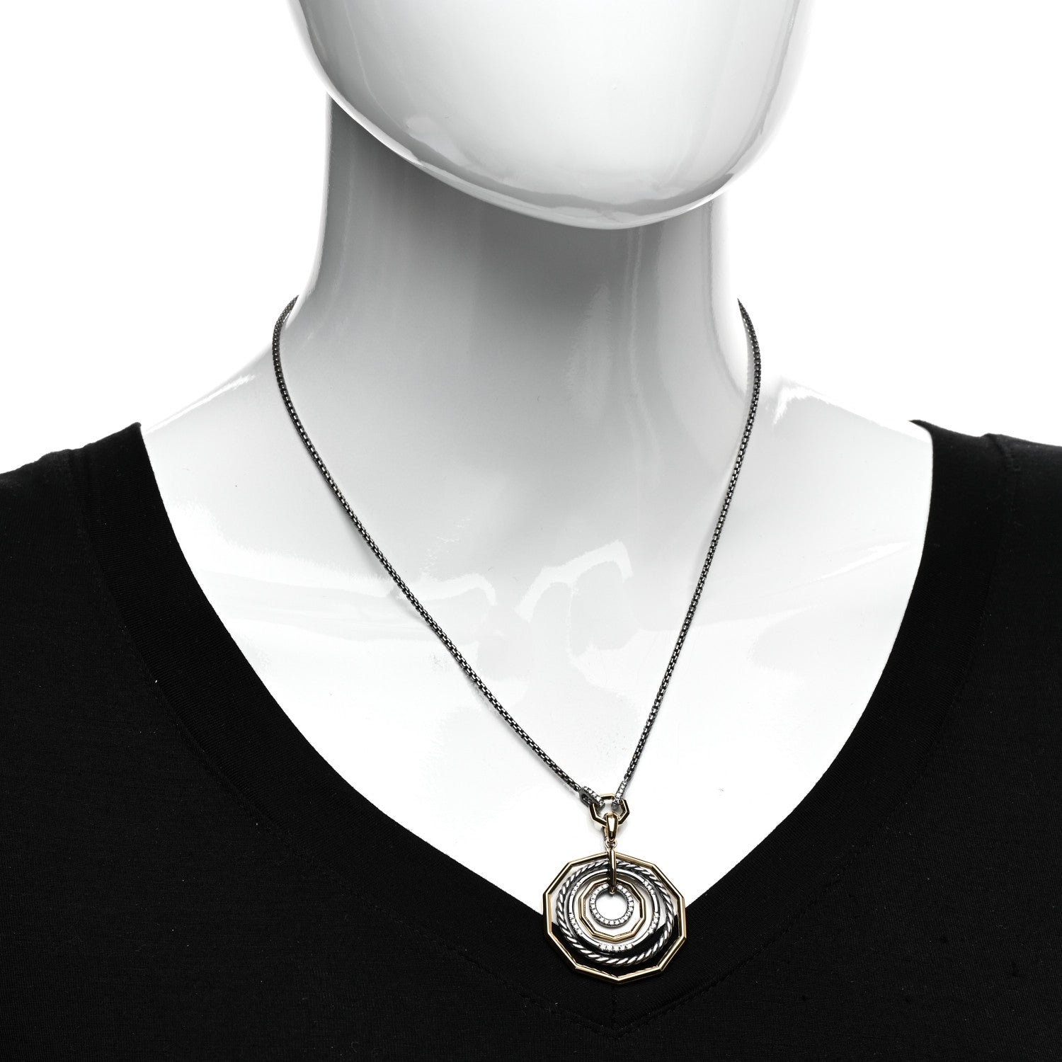 David Yurman Darkened Sterling Silver 18K Yellow Gold Diamond Medium Stax Pendant Necklace 2 of 4