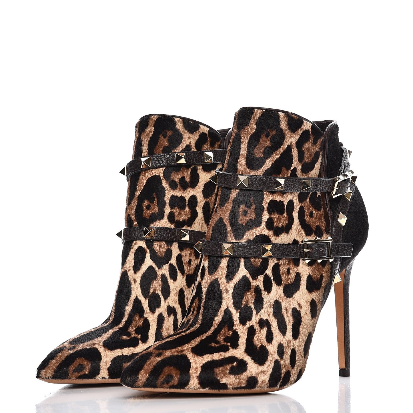 Calf Hair Leopard Rockstud Double Buckle 100mm Ankle Boots 41 Brown