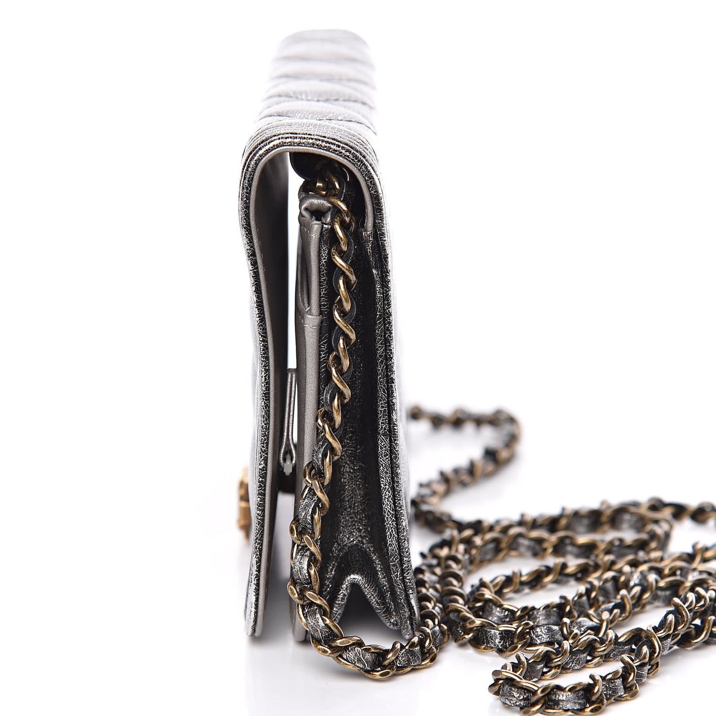 Cracked Metallic Calfskin Quilted Boy Wallet On Chain WOC Dark Silver